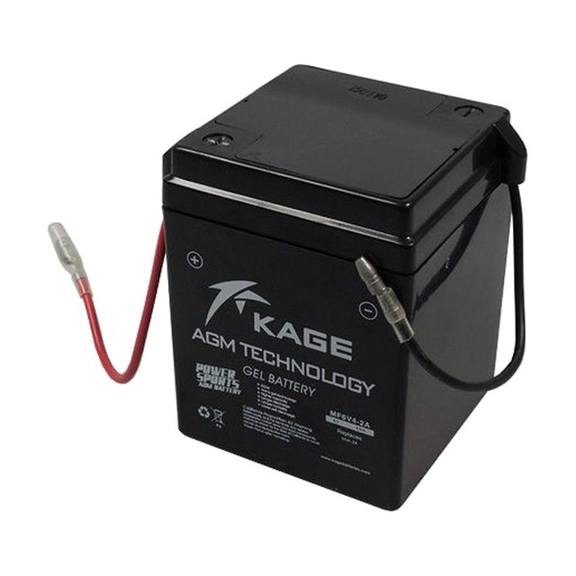 Batteria moto 6N4-2A-4 al gel, vista frontalmente con entrambi i terminali