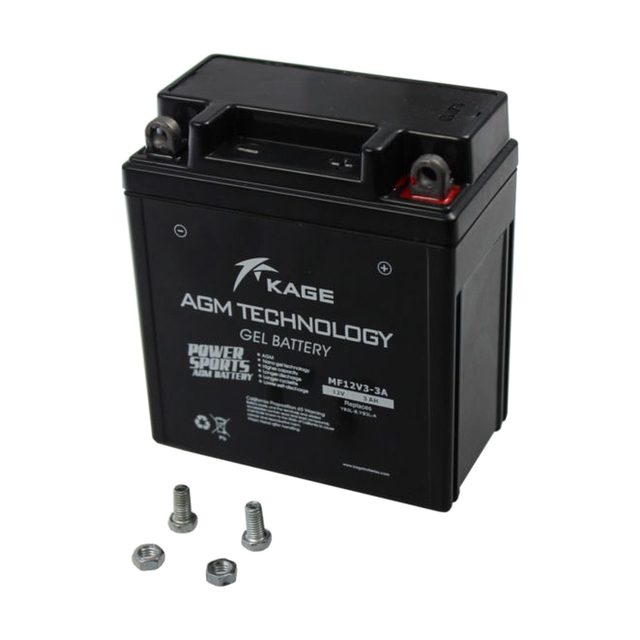 Batteria moto YB3L-B al gel, vista frontalmente con entrambi i terminali