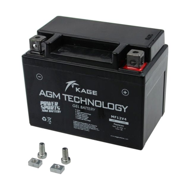 Batteria moto YB4L-B al gel, vista frontalmente con entrambi i terminali