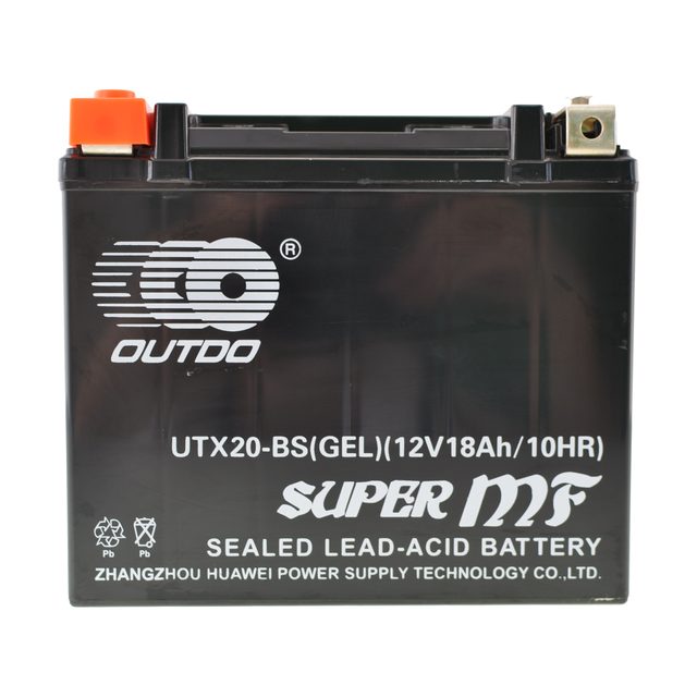 Batteria moto YTX20-BS al gel, vista frontalmente con entrambi i terminali