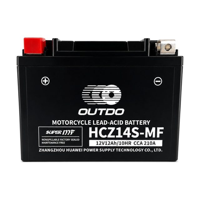 OUTDO HCZ14S-MF, batteria moto YTZ14S vista frontalmente con entrambi i terminali