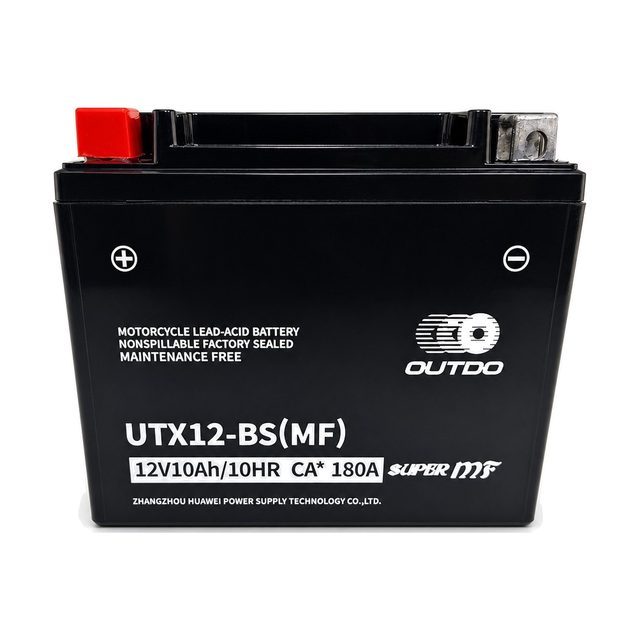 OUTDO UTX12-BS, batteria moto YTX12-BS vista frontalmente con entrambi i terminali