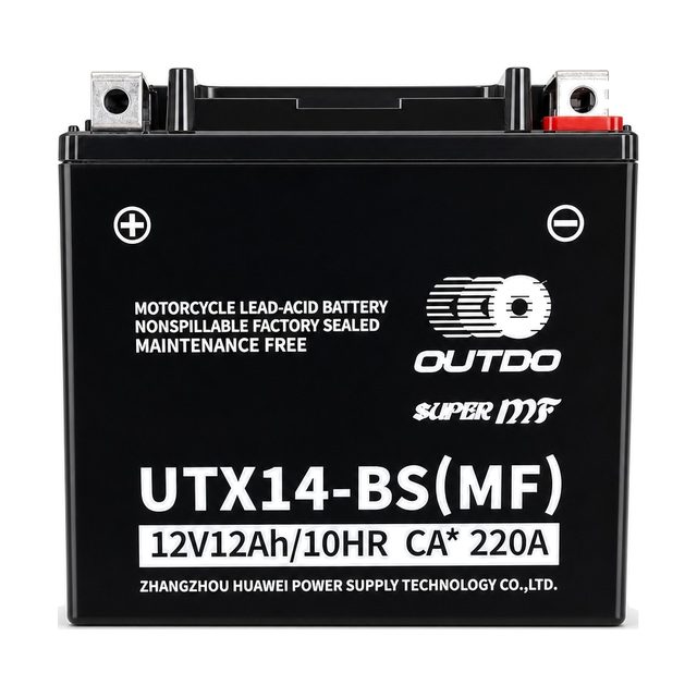 OUTDO UTX14-BS, batteria moto YTX14-BS vista frontalmente con entrambi i terminali