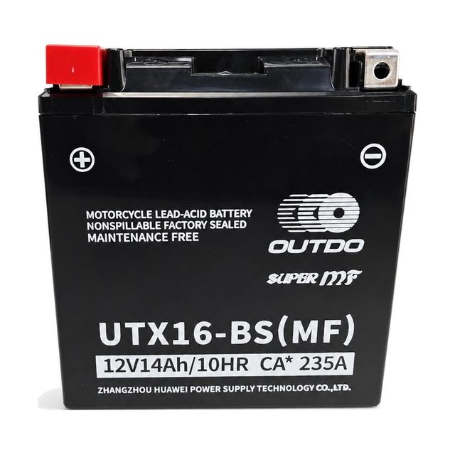 OUTDO UTX16-BS, batteria moto YTX16-BS vista frontalmente con entrambi i terminali