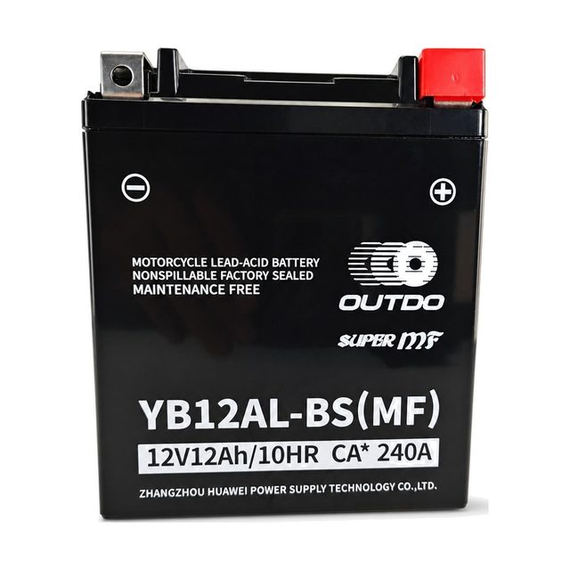 OUTDO YB12AL-BS, batteria moto YB12AL-A2 vista frontalmente con entrambi i terminali