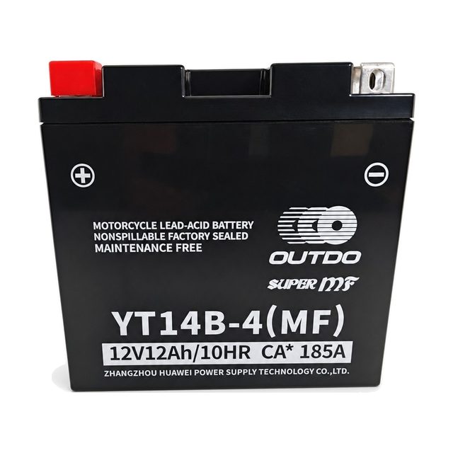 OUTDO YT14B-4, batteria moto YT14B-BS vista frontalmente con entrambi i terminali