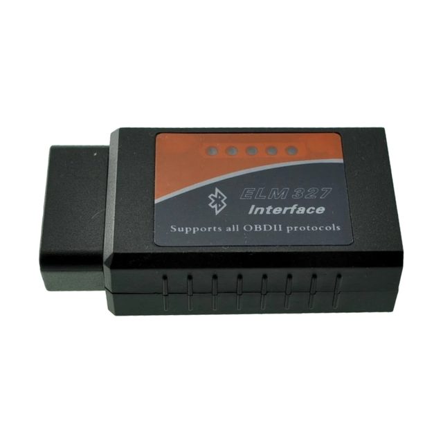 Adattatore ELM327 Bluetooth v1.5 nero con etichetta arancione e connettore OBD2 a 16 pin