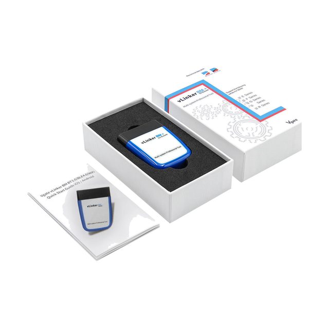 Vgate vLinker BM+ blu e bianco nella confezione aperta, accanto al manuale