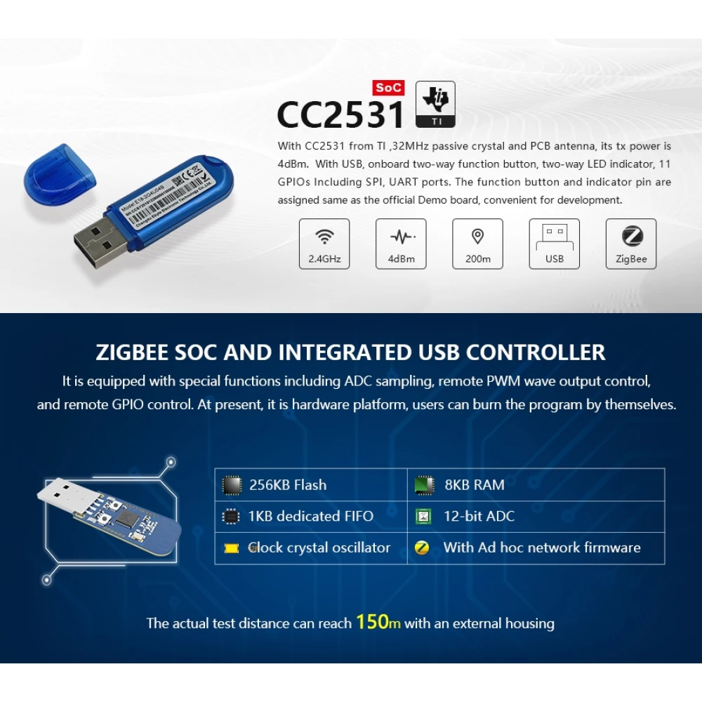 Adaptador USB Zigbee CC2531 conectado a una Raspberry Pi para domótica