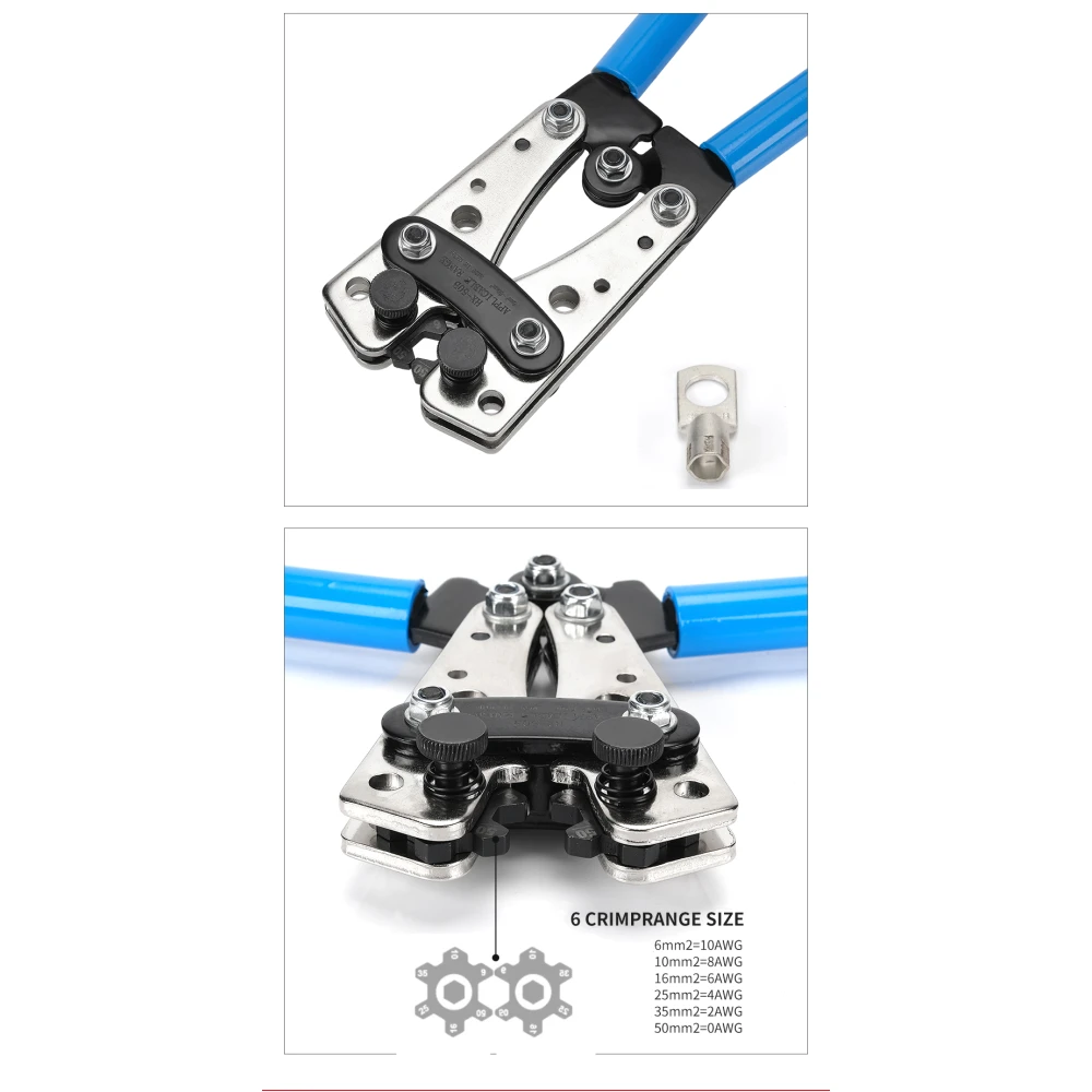 Pinza crimpatrice 6-50mm² con impugnature antiscivolo e rotazione regolabile
