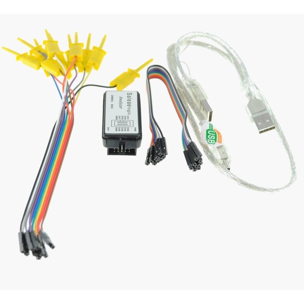 Detalle del analizador logico 24MHz 8 canales compatible Saleae mostrando test clips y cables