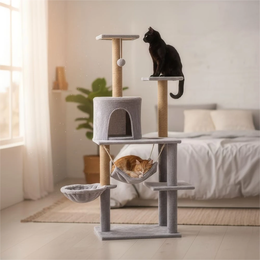 Torre de juego para gatos medianos con postes de sisal y plataformas