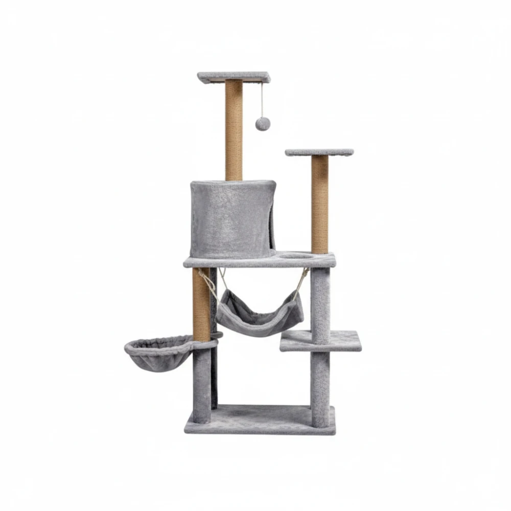 Albero tiragraffi per gatti 125 cm con amaca, cuccia e pali in sisal