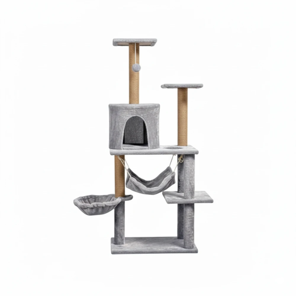 Albero tiragraffi per gatti 125 cm con amaca, cuccia e pali in sisal