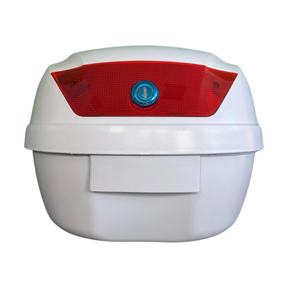 Baúl universal para moto 28L blanco instalado en scooter