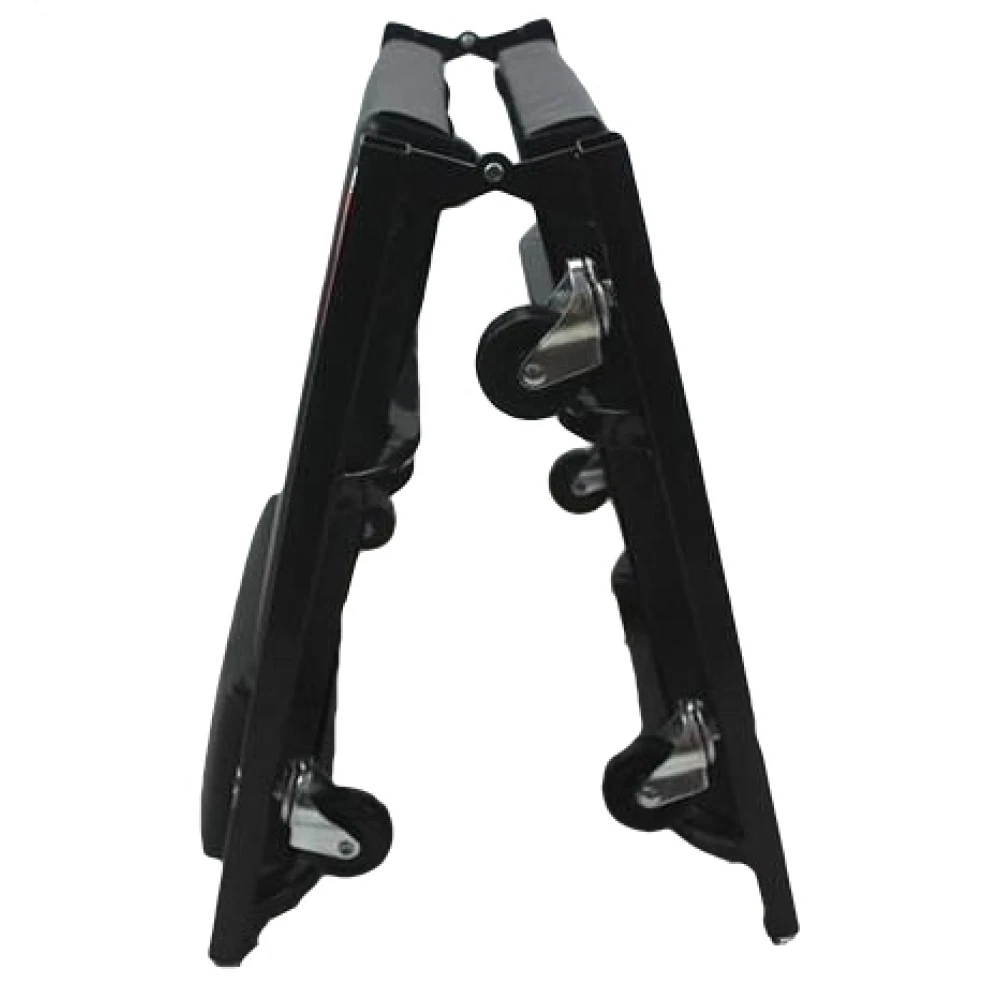 Vista lateral de camilla plegable metálica con ruedas giratorias