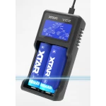 Detalle de la pantalla LCD del cargador XTAR VC2 mostrando estado de batería