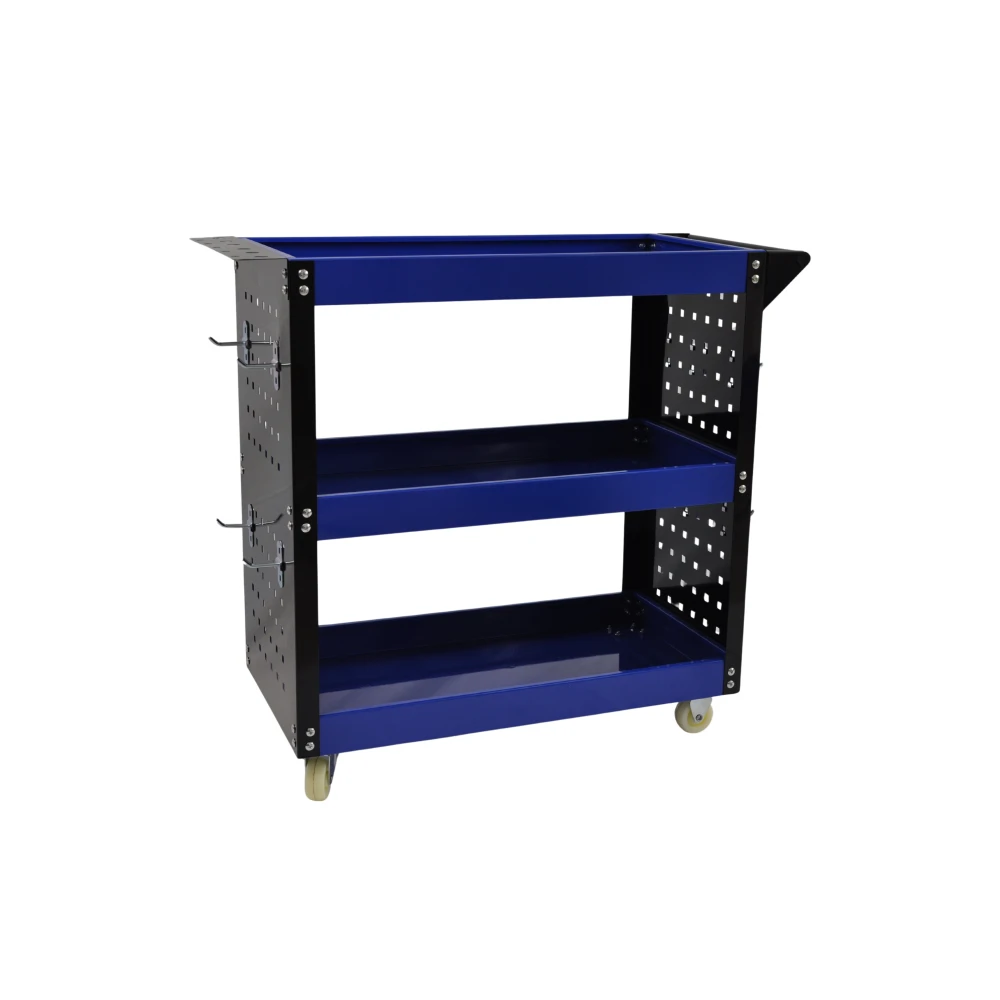 Carrello da officina professionale 3 ripiani con vaschette laterali e ganci