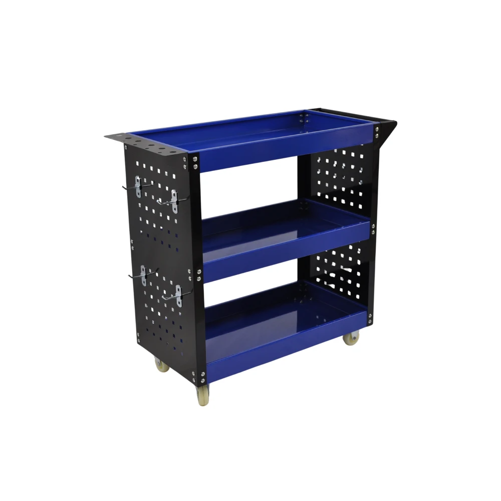 Carrello da officina professionale 3 ripiani con vaschette laterali e ganci
