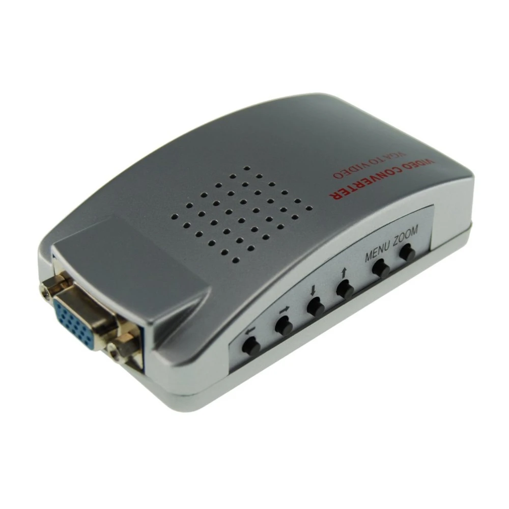 Vista lateral del convertidor VGA a RCA Video y S-Video mostrando puertos de entrada y salida