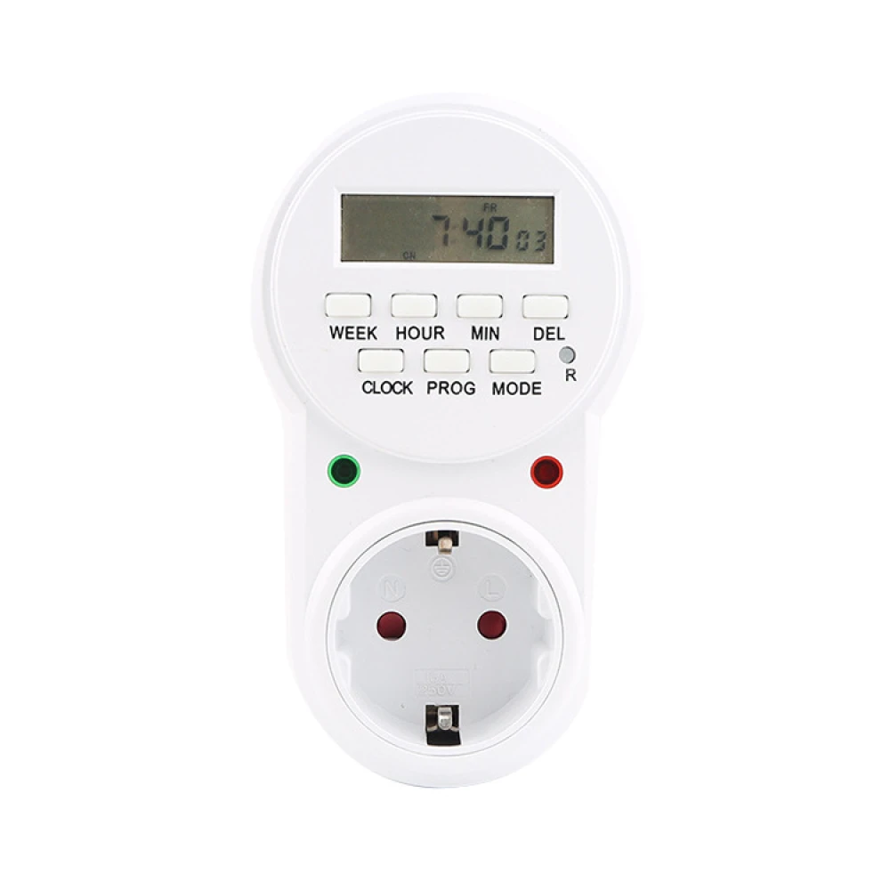 Vista frontal del enchufe temporizador digital para control de dispositivos eléctricos