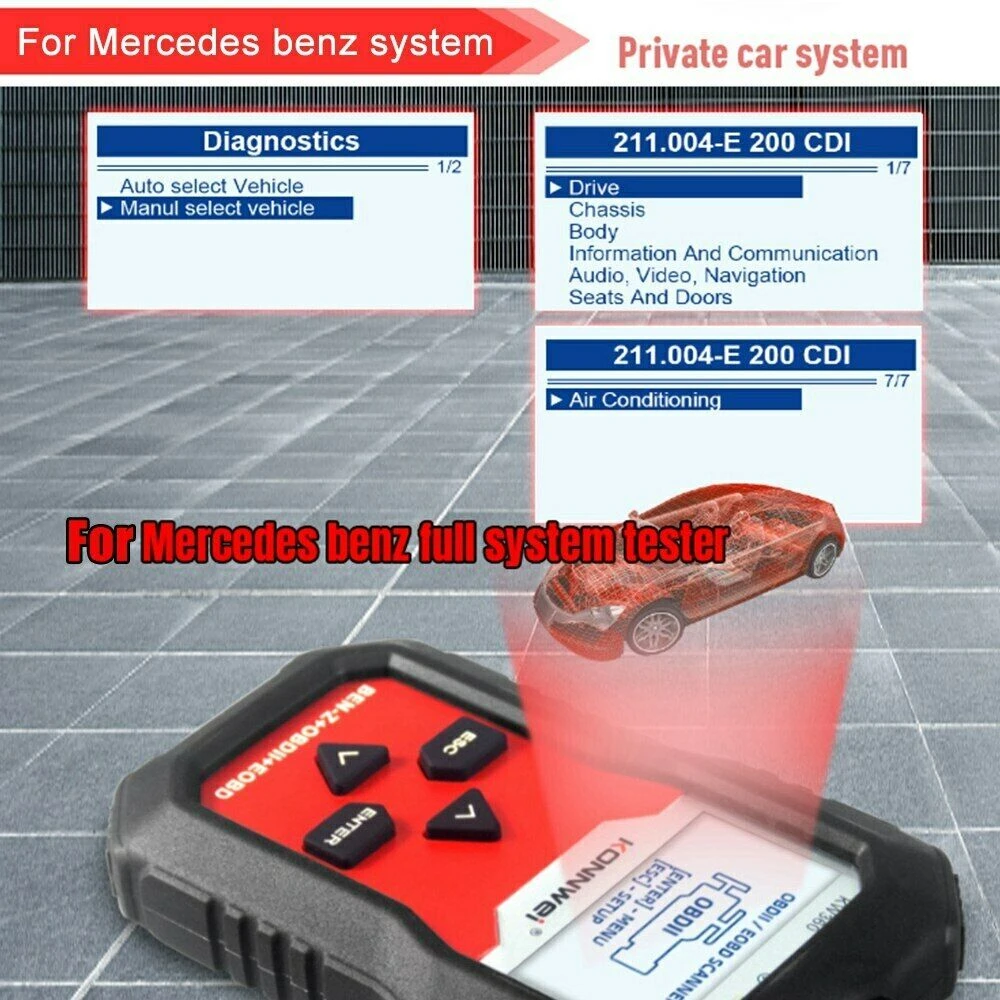 Scanner Diagnostico Mercedes Benz Konnwei KW360 12V Sistema Completo