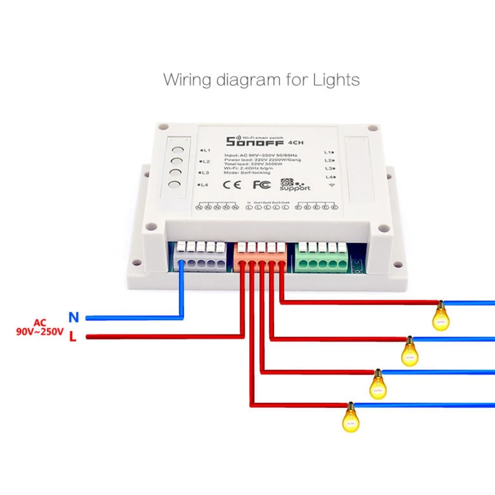 Interruptor WiFi Sonoff 4 canales con certificaciones CE, FCC y RoHS