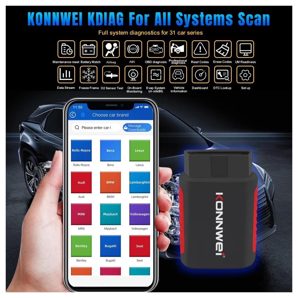 Escáner automotriz KONNWEI KDIAG en uso para diagnóstico de motor