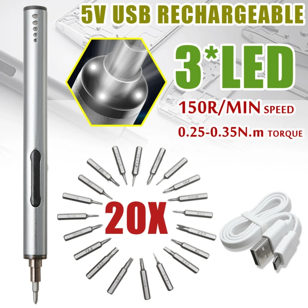 Mini cacciavite elettrico cordless USB ricaricabile 3 LED multifunzione 22in1 set