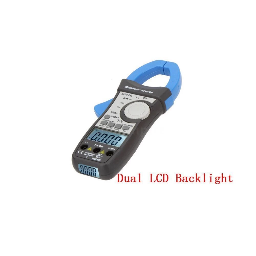 Medidor de pinza True RMS HP-870N HoldPeak mostrando medición en pantalla