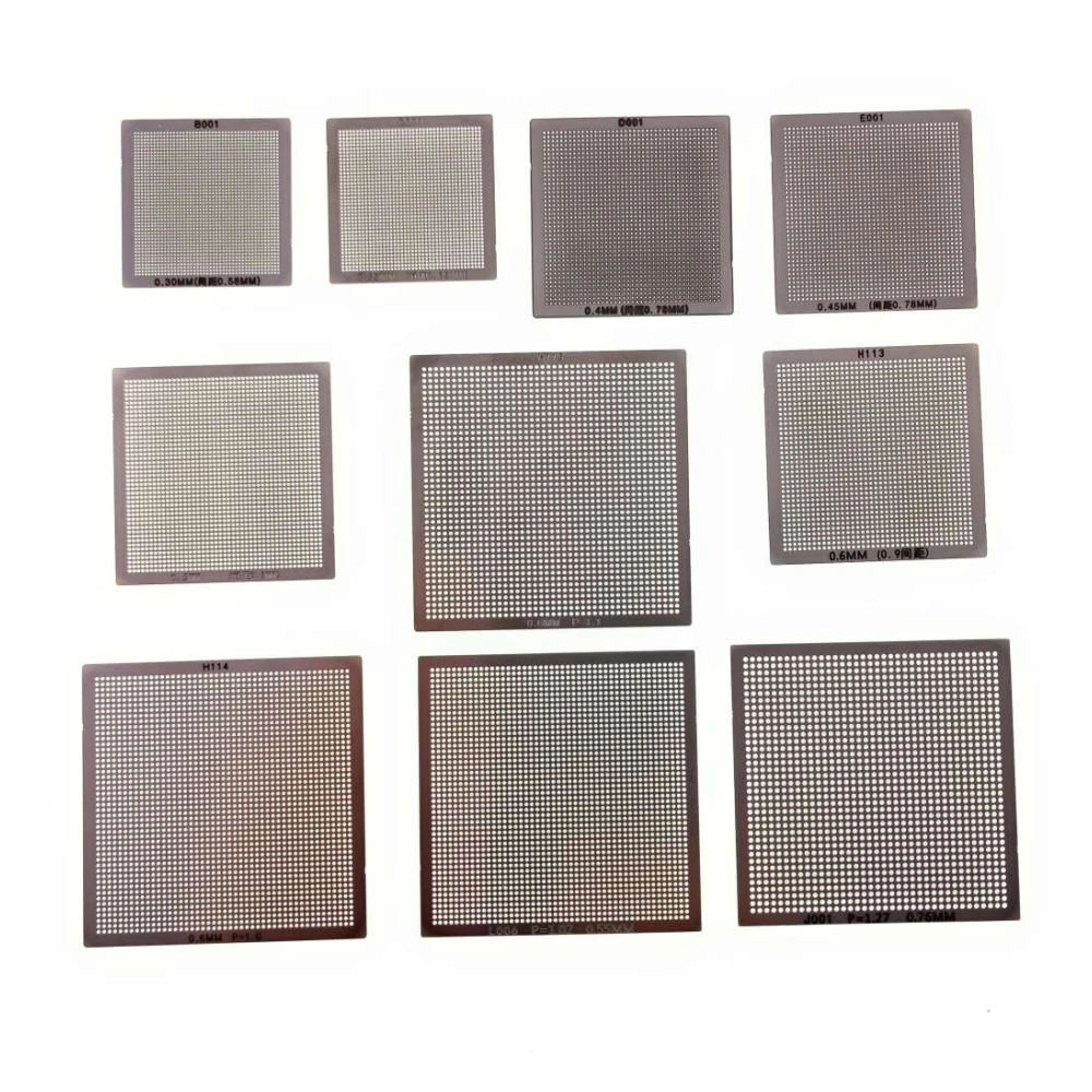 Pack 10 stencil universali BGA reballing calore diretto da 0,3 a 0,76 mm