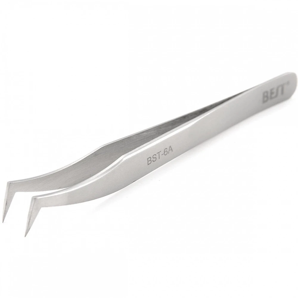 Pinzas electrónica curva fina Best 6A mostrando detalle de punta curva y diseño ergonómico