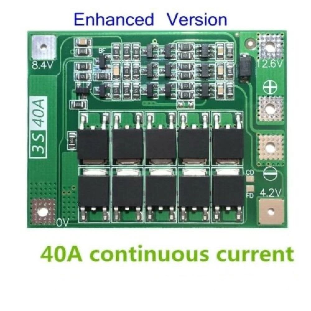 Detalle de la placa de protección PCB 3S 40A para batería de litio