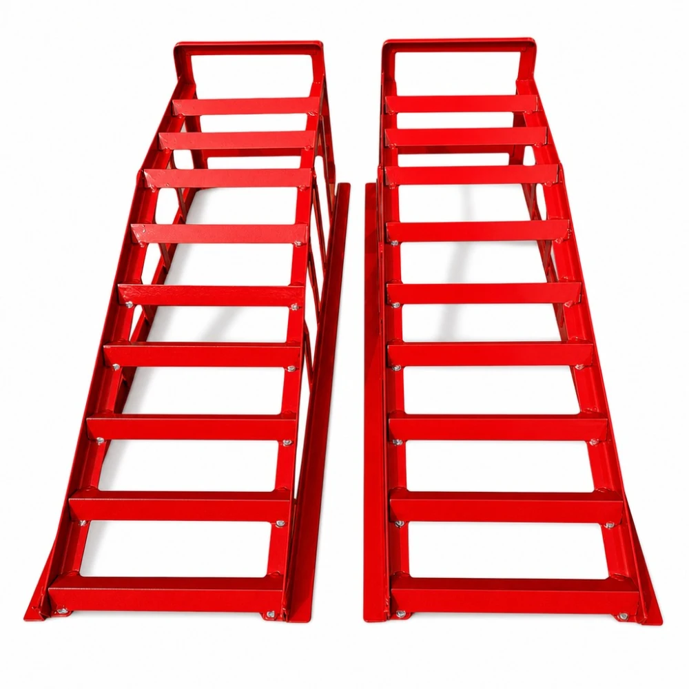 Rampe in Acciaio per Auto 2 Tonnellate (4.400 lbs) — Set da 2 Rampe di Servizio Portatili per Cambio Olio e Manutenzione, Rosse TSX TOOL