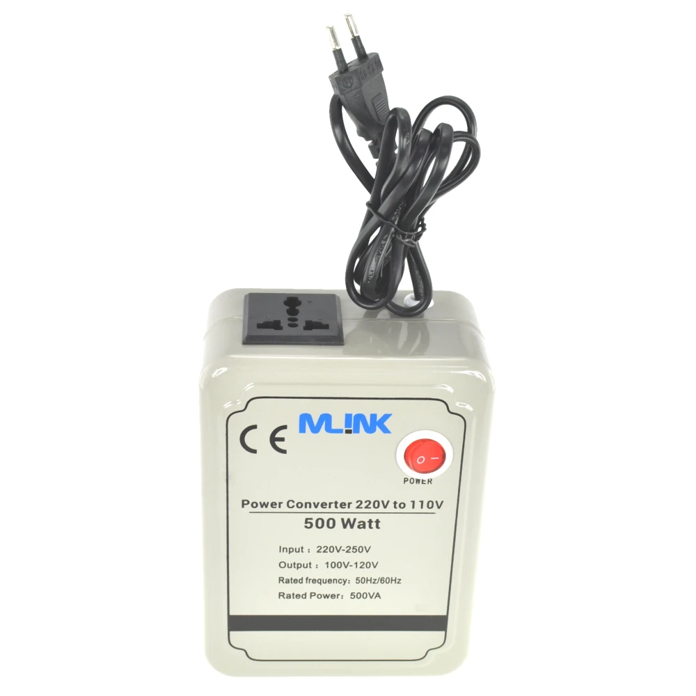 Transformador de corriente 220v a 110v 500w Mlink detalle del interruptor